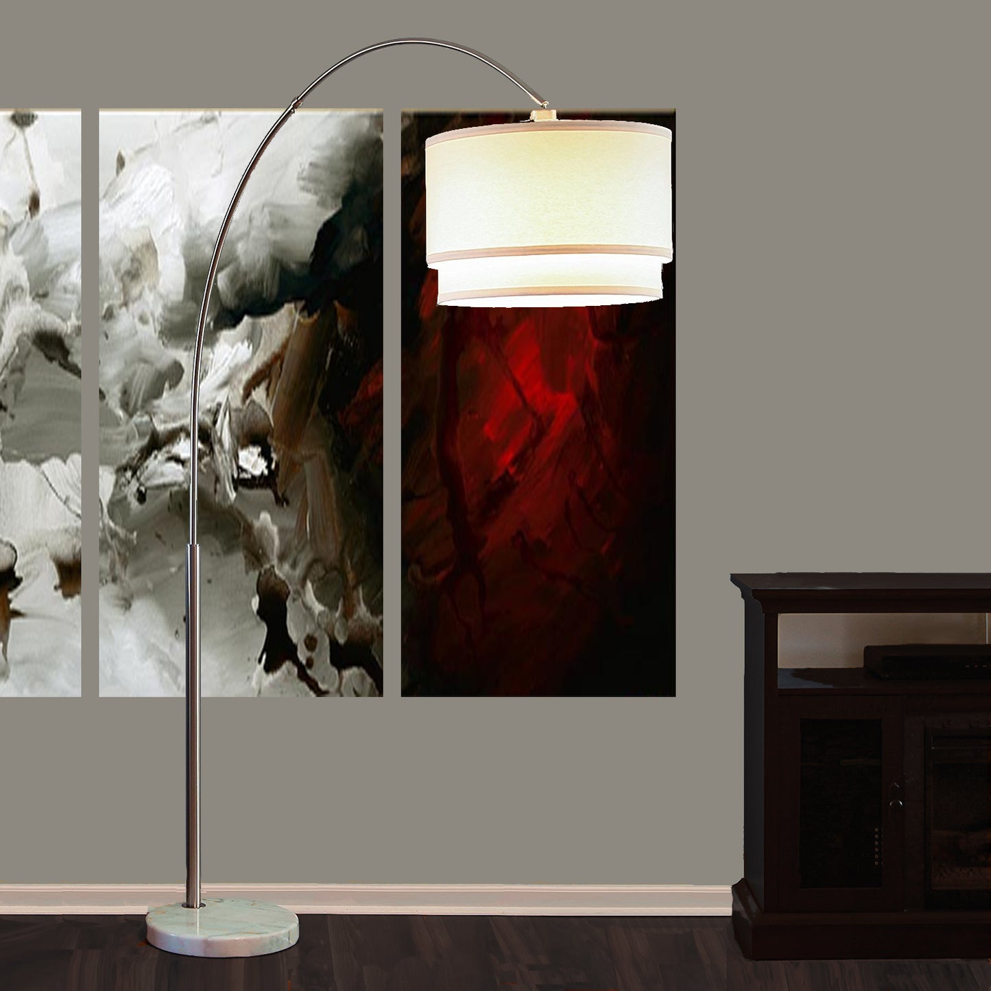 Modern chrome arc floor lamp with cream dualshade for ambient living room lighting