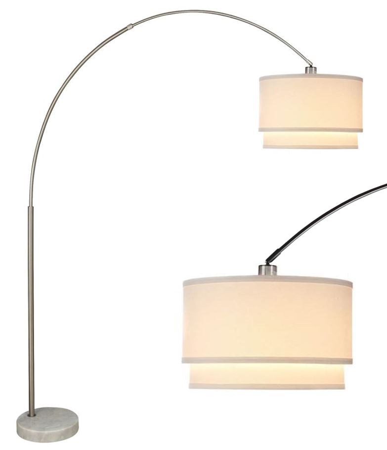 Sleek silver arc floor lamp with doublelayered white fabric shade and marble base