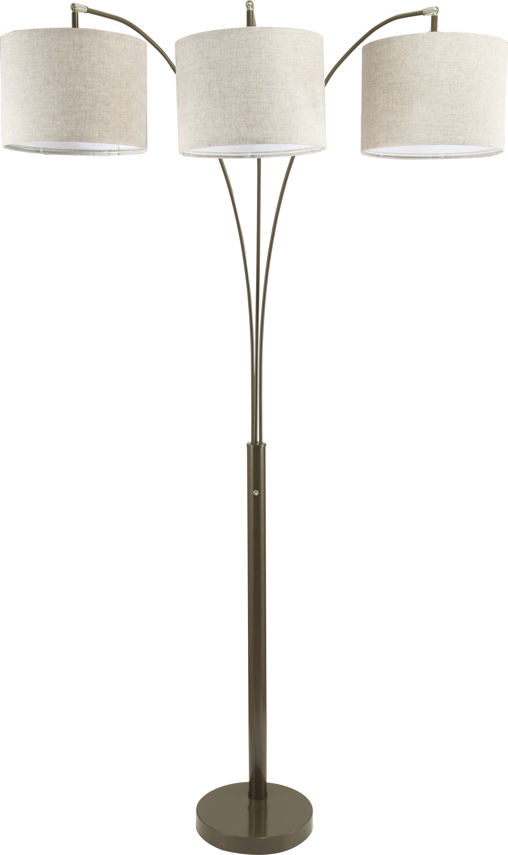 Threelight arc floor lamp with beige linen shades and a brushed nickel finish