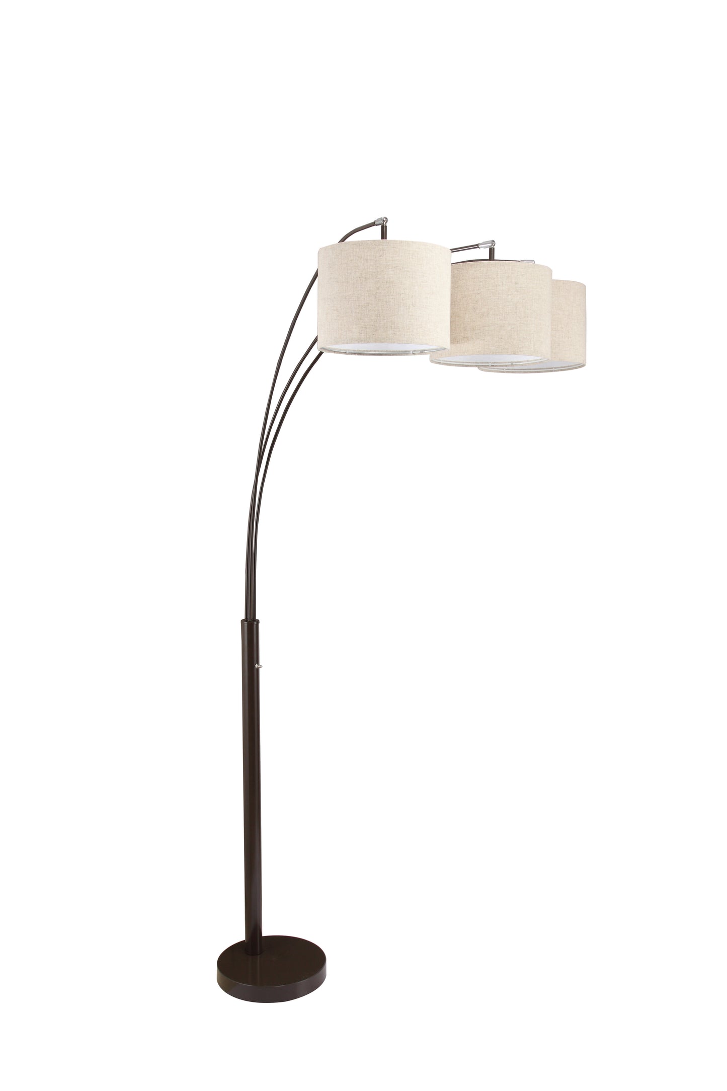 Tall arc floor lamp with three beige linen shades and a dark metal base