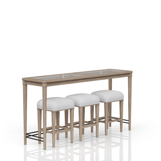 Light oak console table with glass top and three upholstered white bar stools