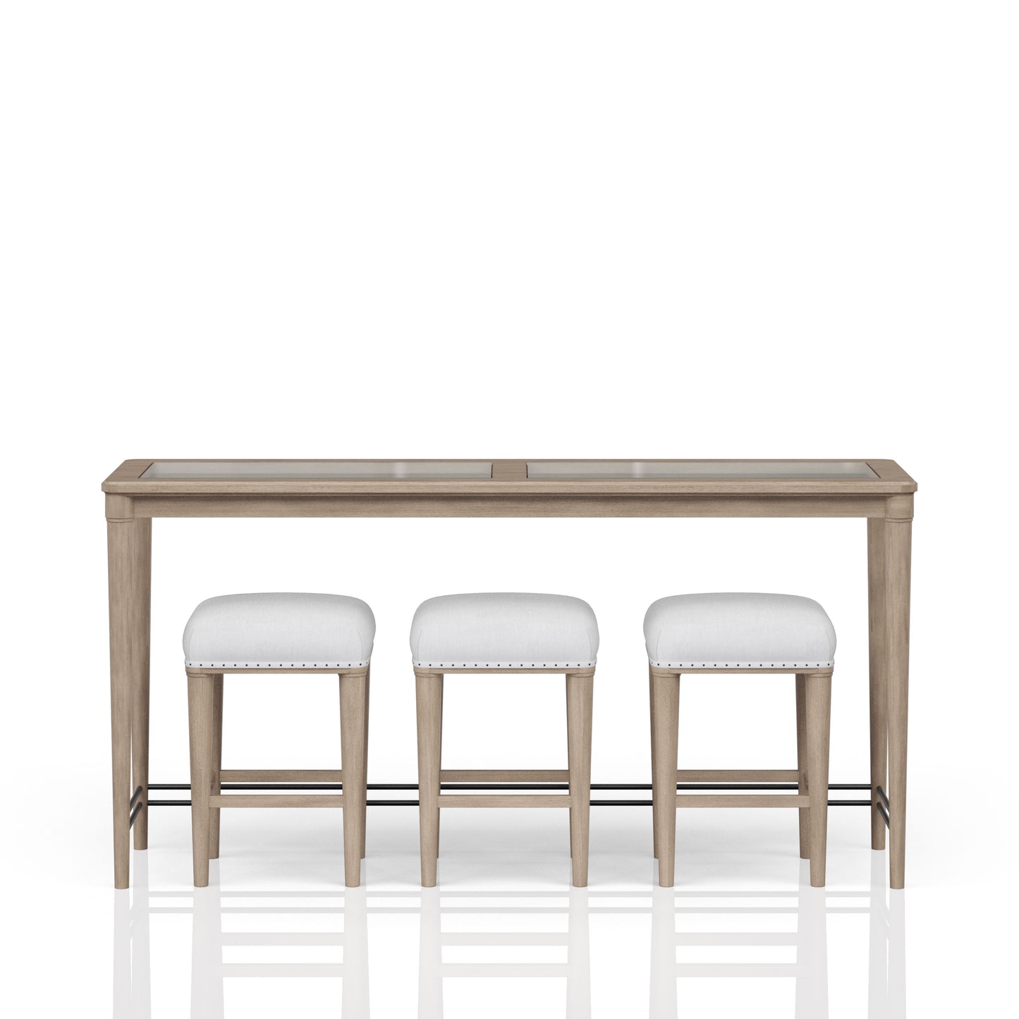 Modern grey wood bar table with three white upholstered stools