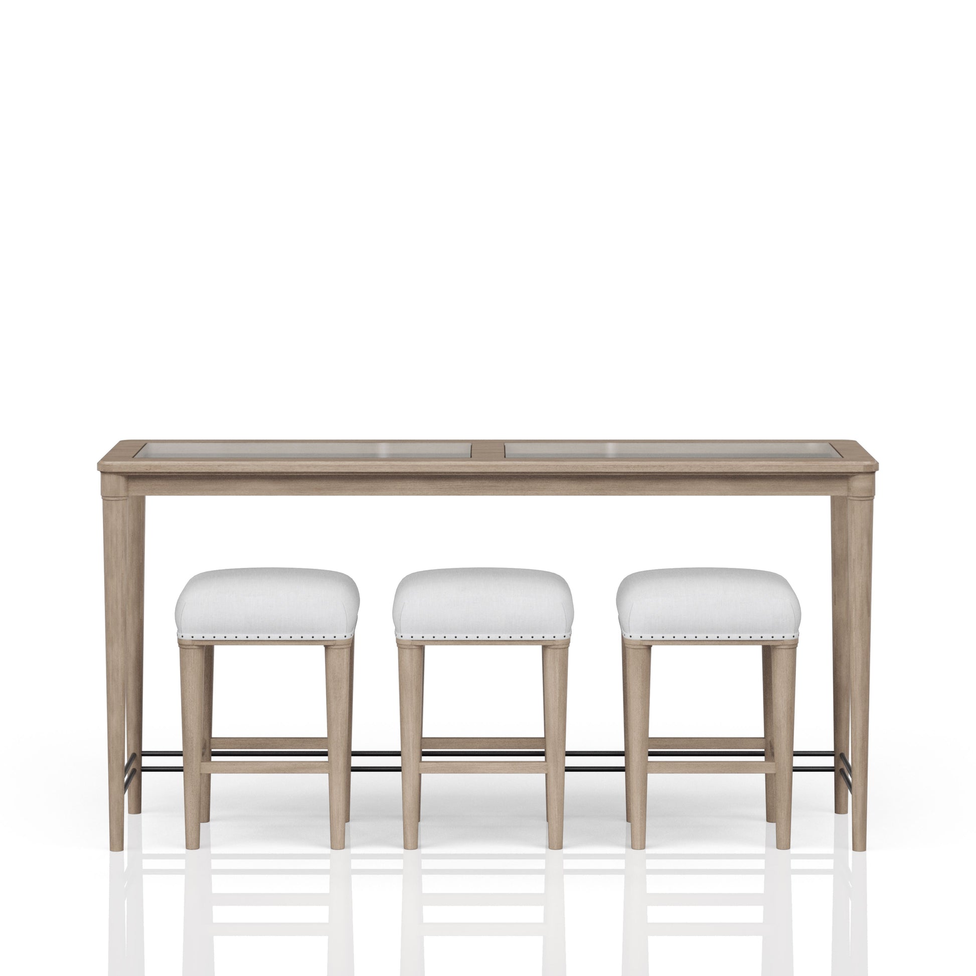 Modern grey wood bar table with three white upholstered stools