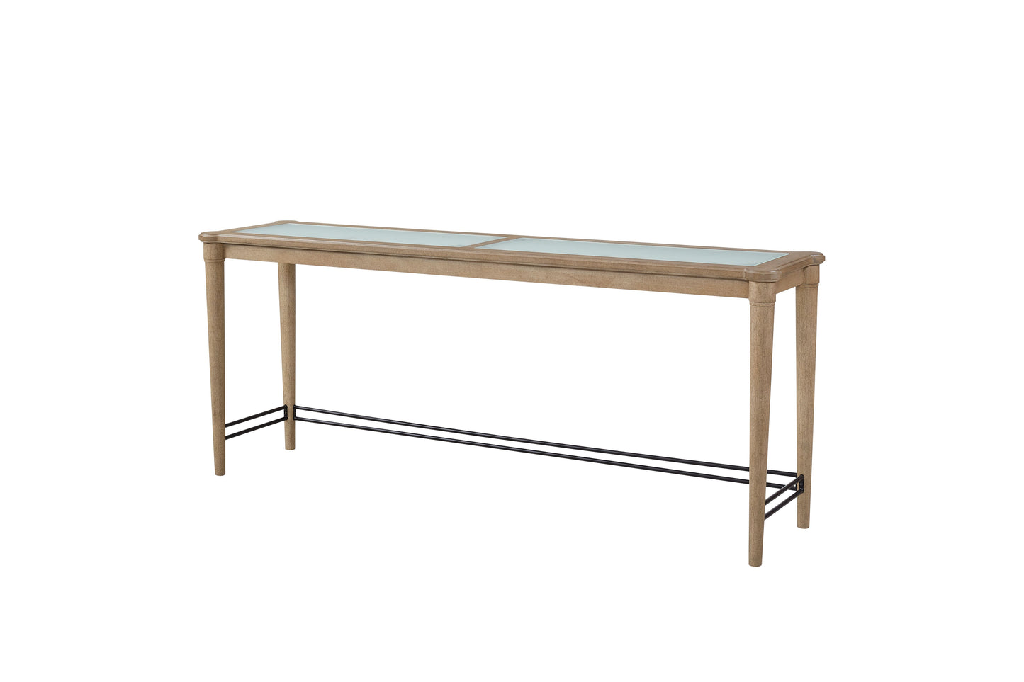 Light oak console table with frosted glass top and metal stretchers