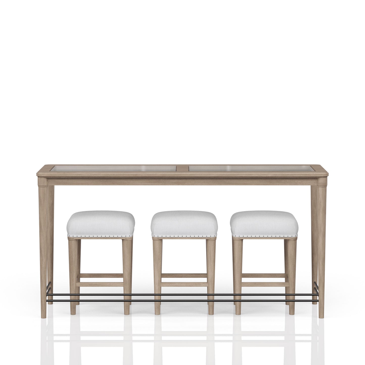 Oak wood bar table with three white upholstered stools and a footrest