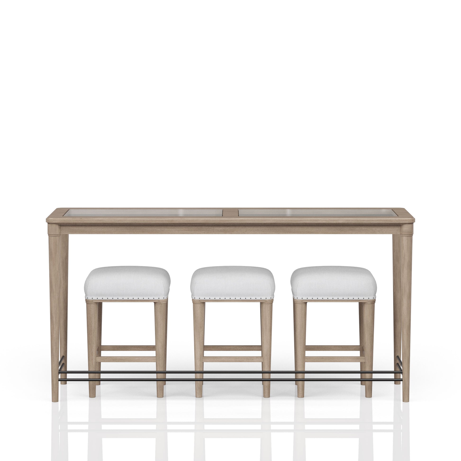 Oak wood bar table with three white upholstered stools and a footrest
