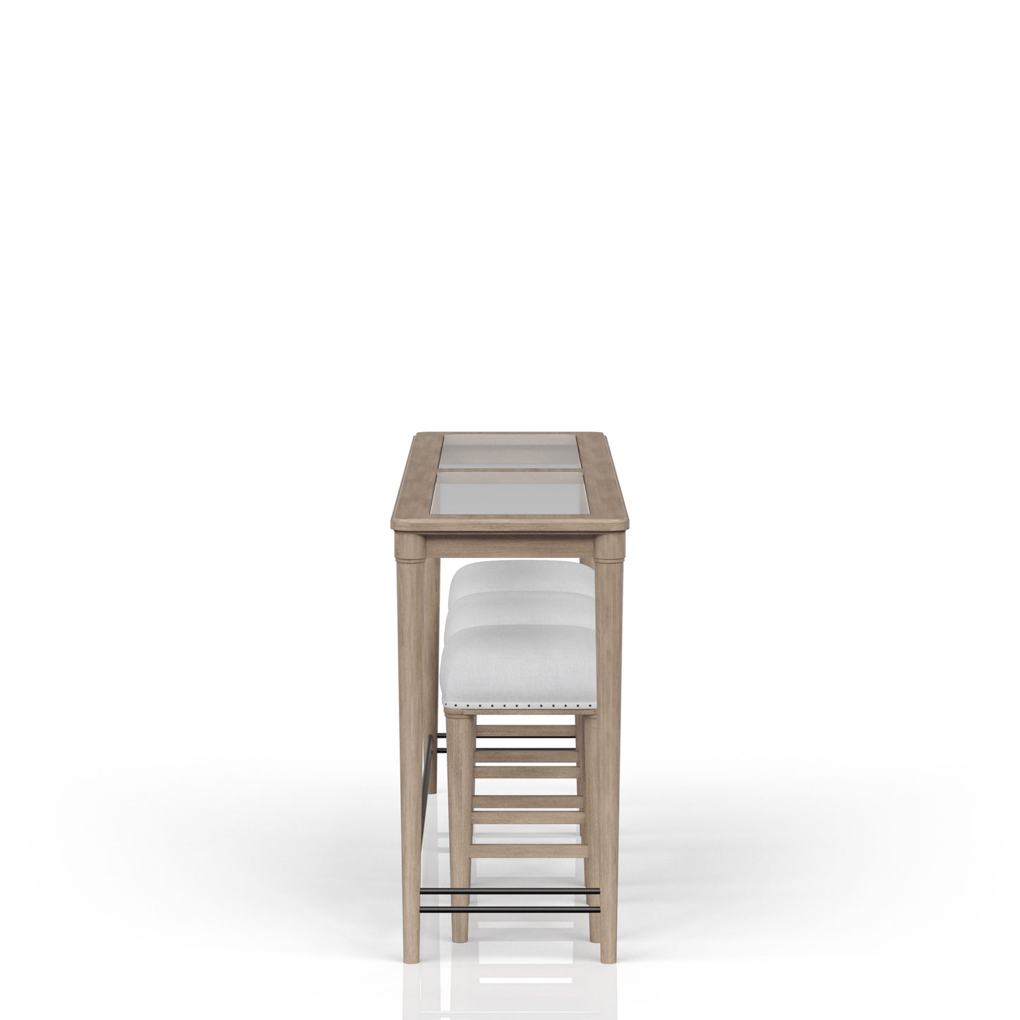 Farmhouse bar table with glass top and two white upholstered stools