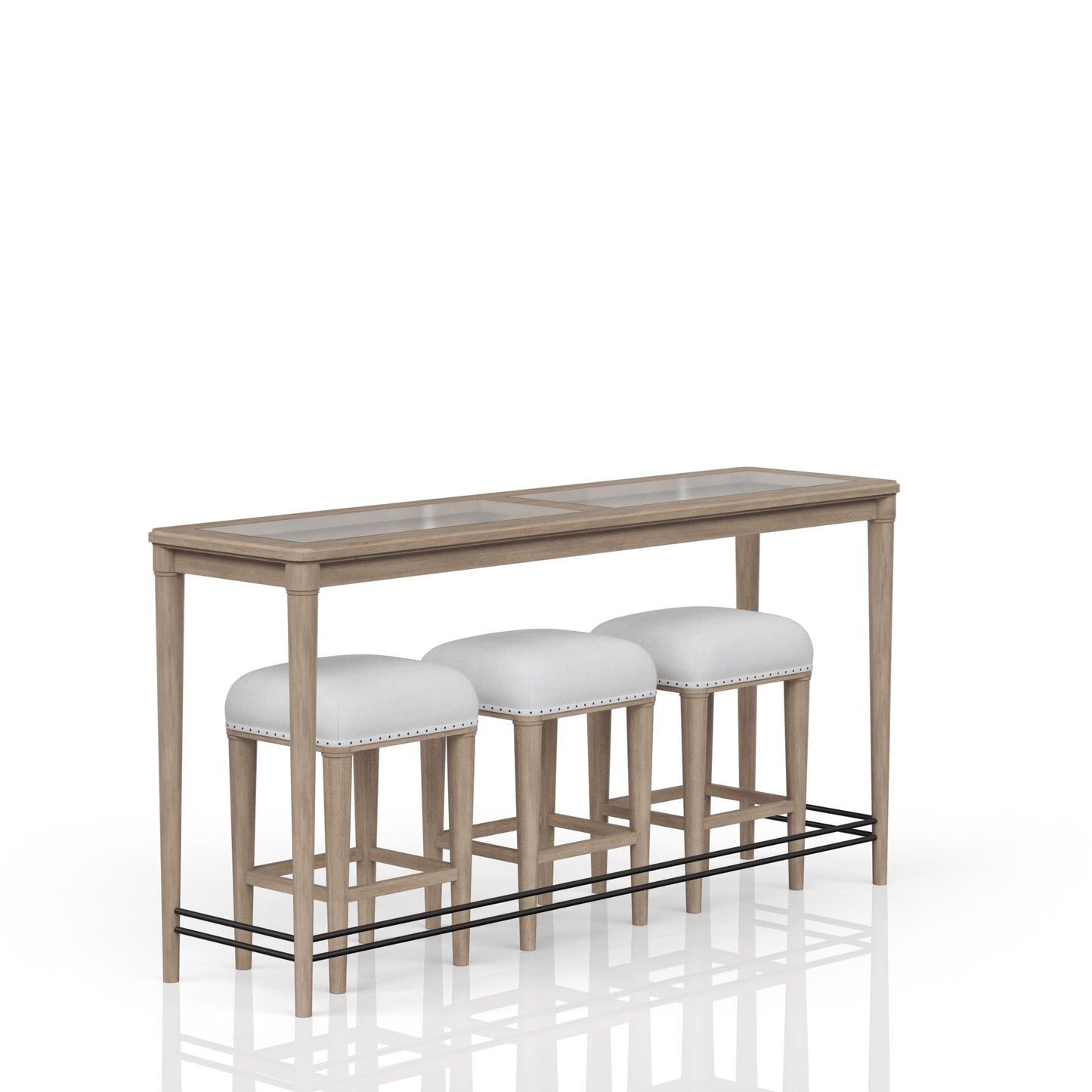 Light oak bar table with glass top and three white upholstered stools