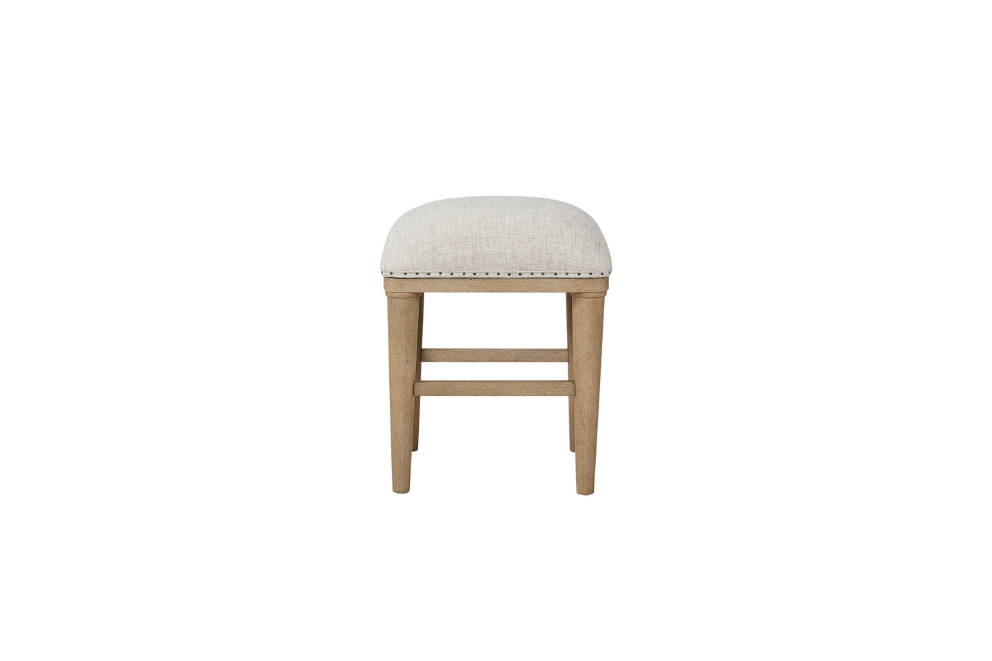 Upholstered cream fabric bar stool with natural wood legs and nailhead trim