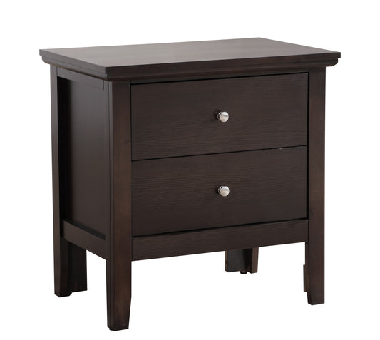 Dark brown wood bedside table with two drawers and silver knobs
