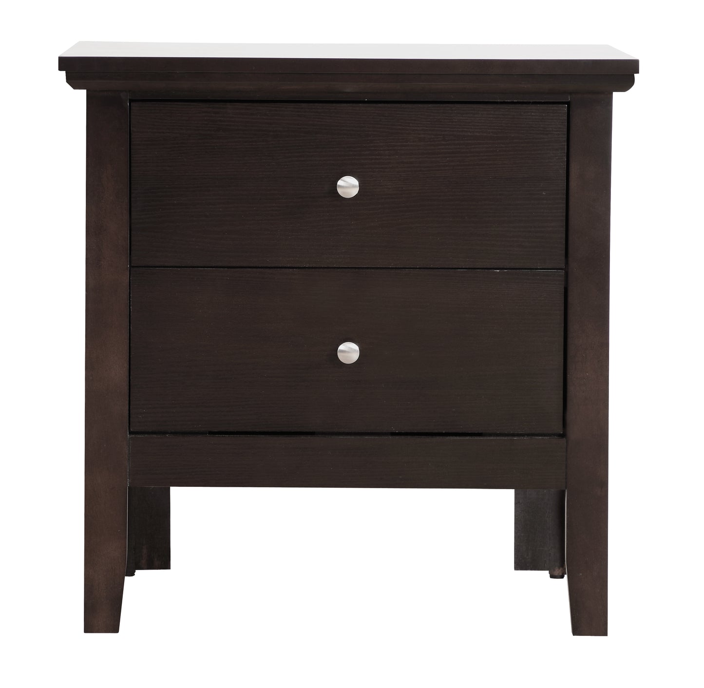 Dark brown wood bedside table with two drawers and silver knobs