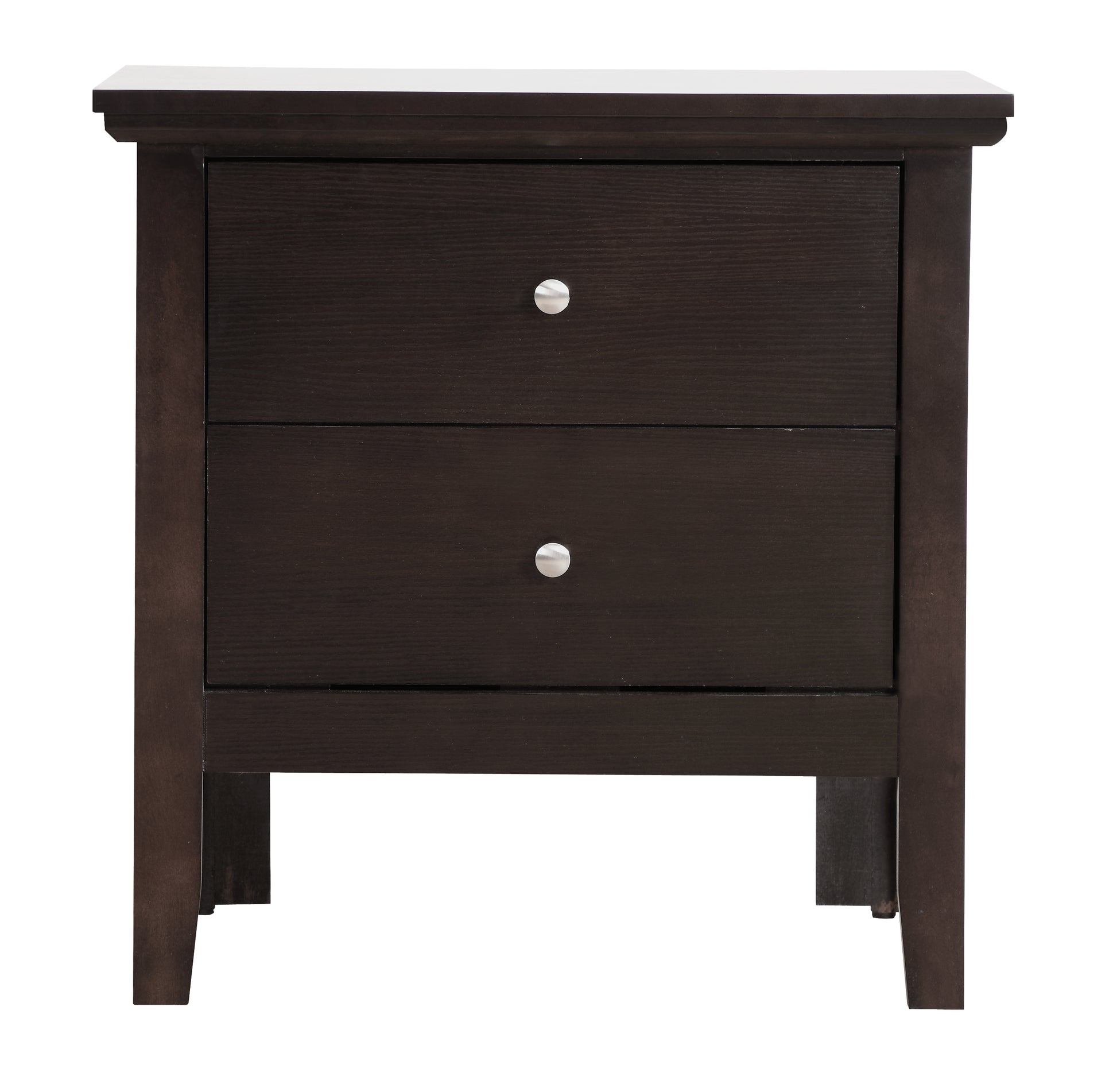 Dark brown wood bedside table with two drawers and silver knobs