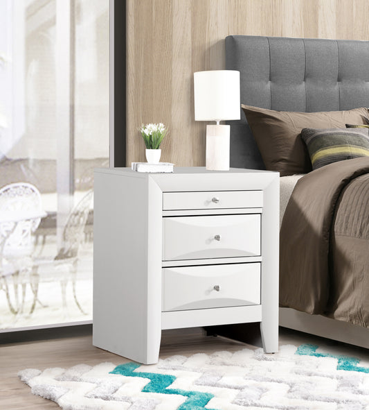 Sleek white threedrawer nightstand with silver knobs perfect for modern bedrooms