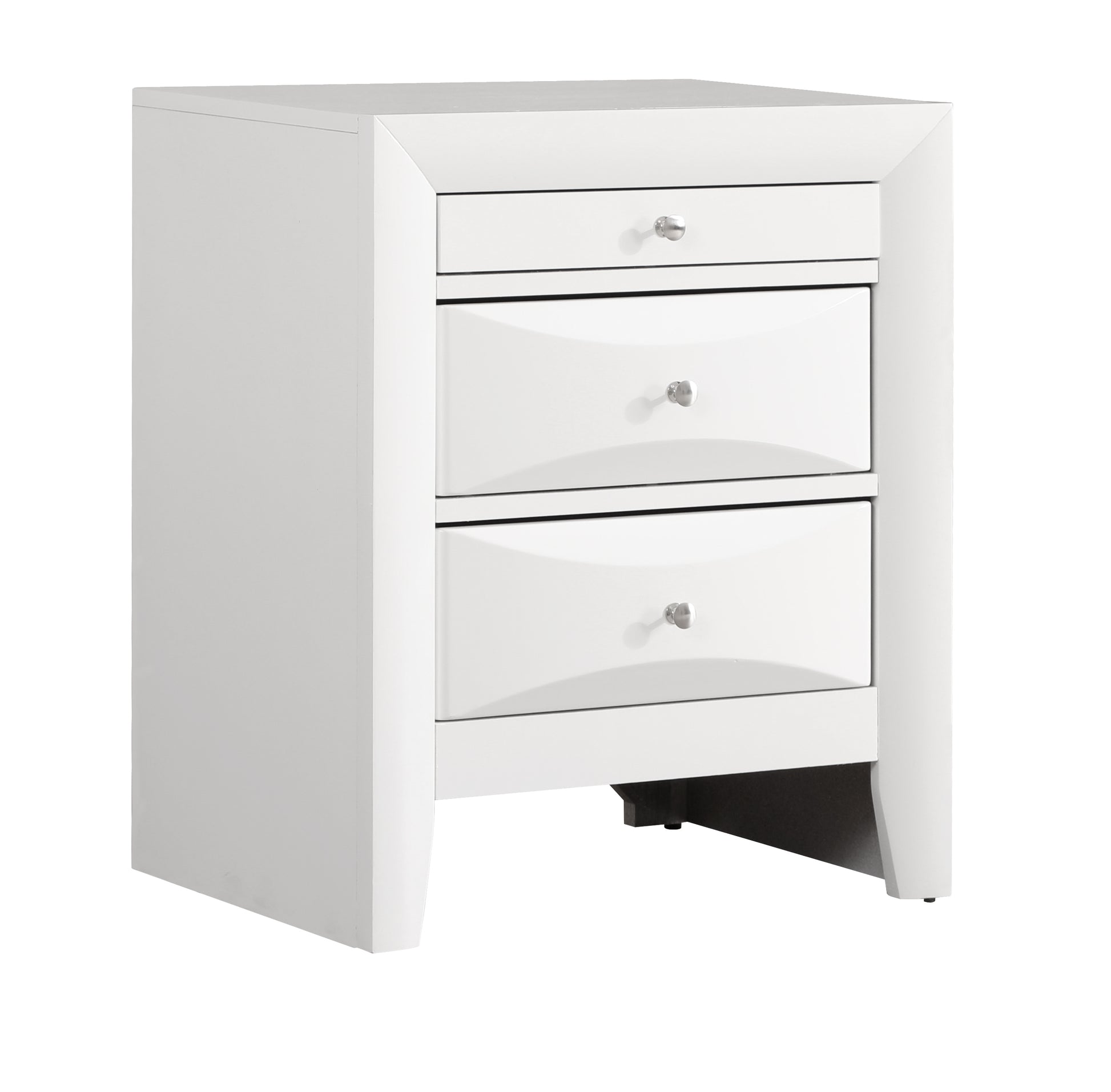 Sleek white threedrawer nightstand with modern silver knobs and clean lines