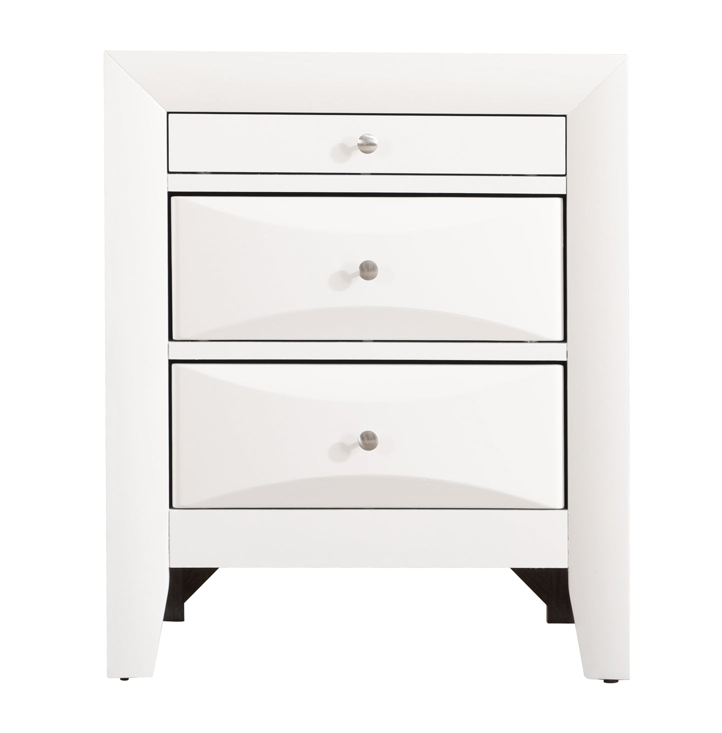 White gloss modern nightstand with three drawers and brushed nickel knobs