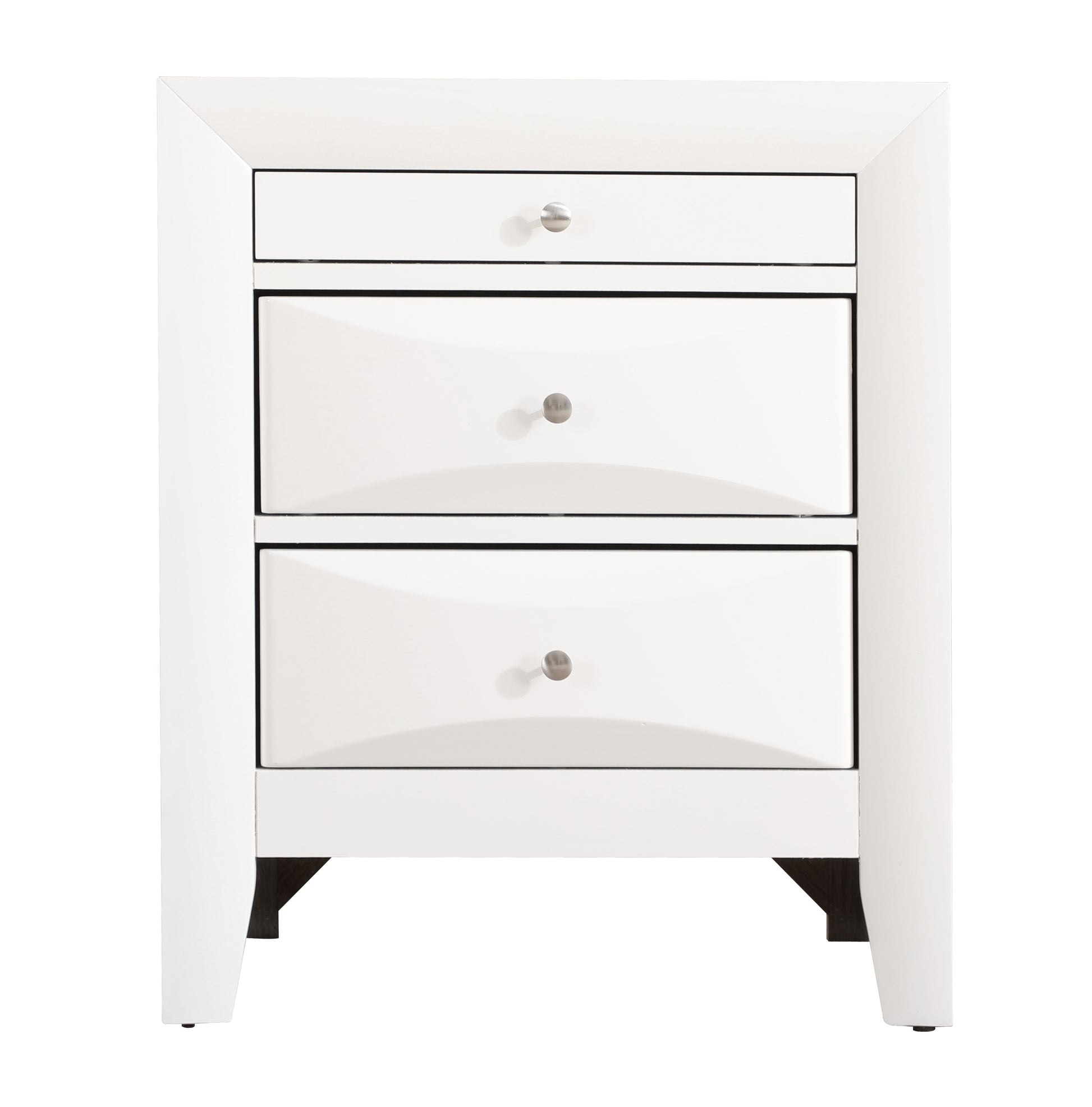 White gloss modern nightstand with three drawers and brushed nickel knobs
