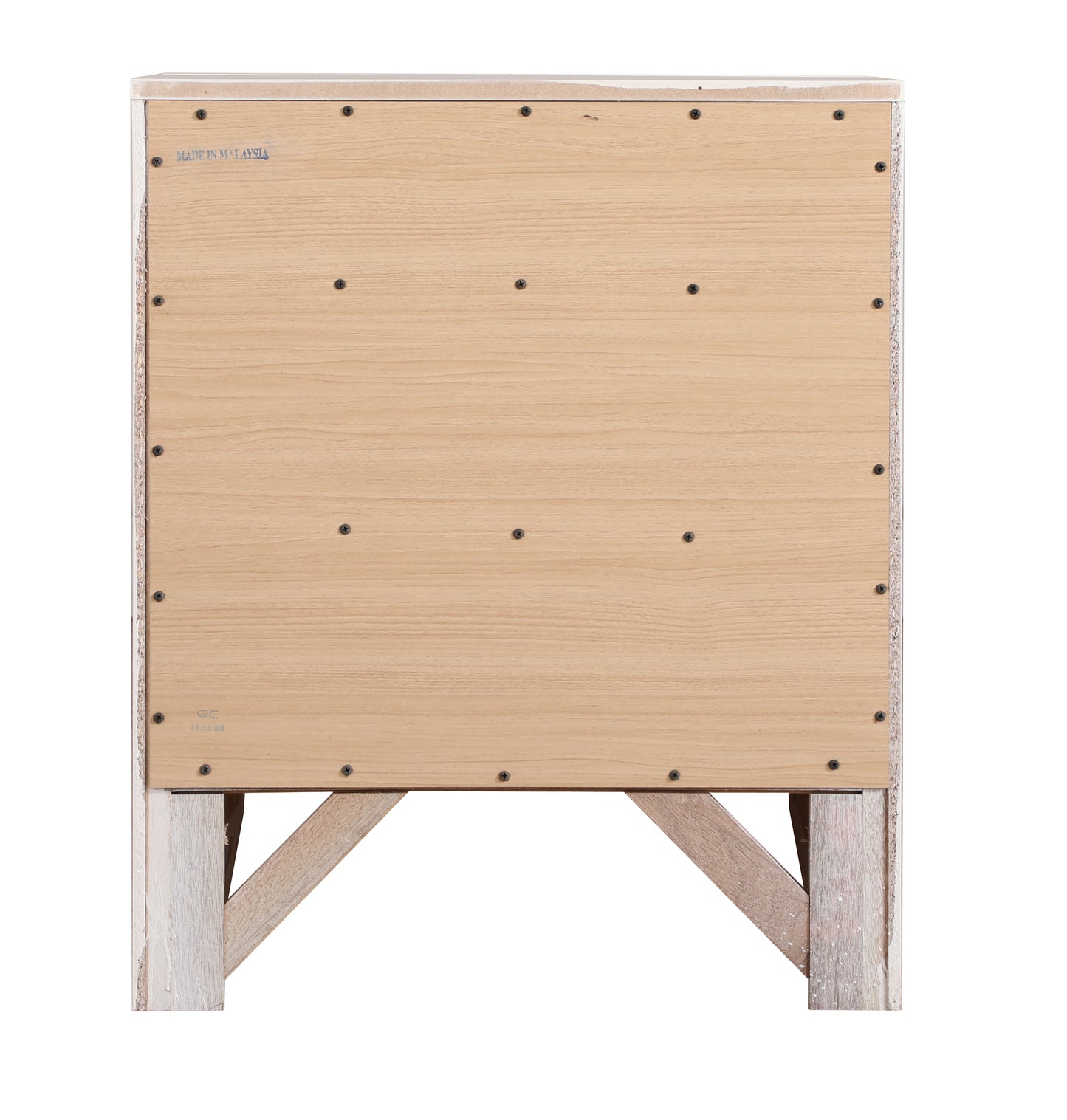 Back view of light wood bedside table with distressed white frame and metal screws