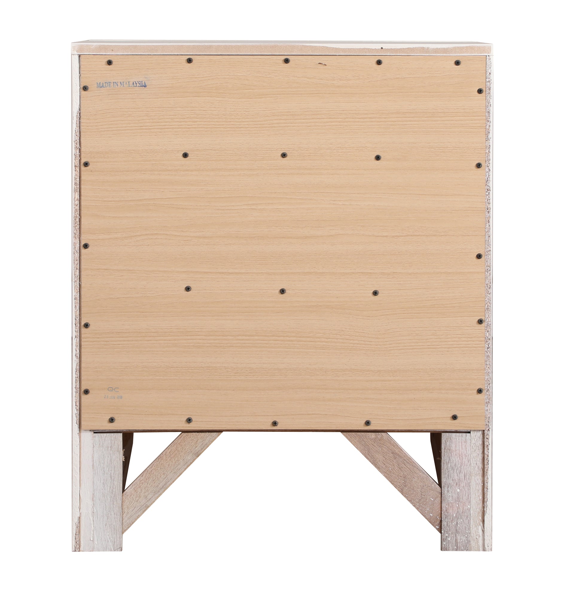 Back view of light wood bedside table with distressed white frame and metal screws