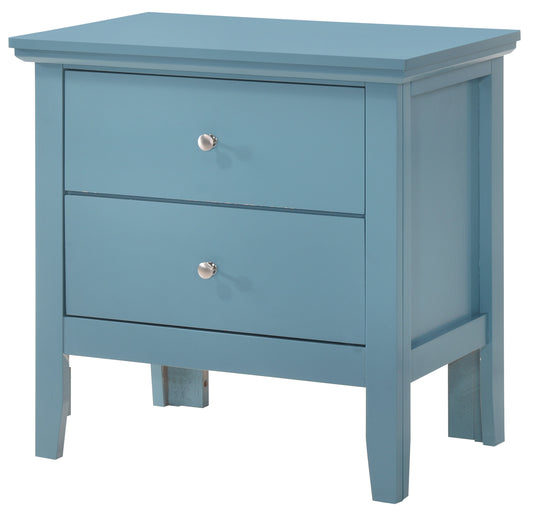 Blue twodrawer wooden nightstand with silver knobs