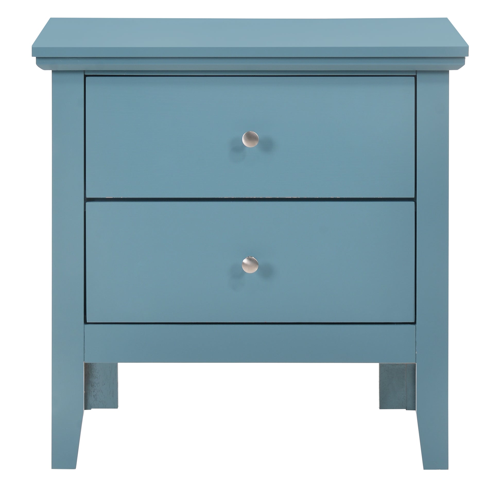 Blue wood nightstand with two drawers and silver knobs