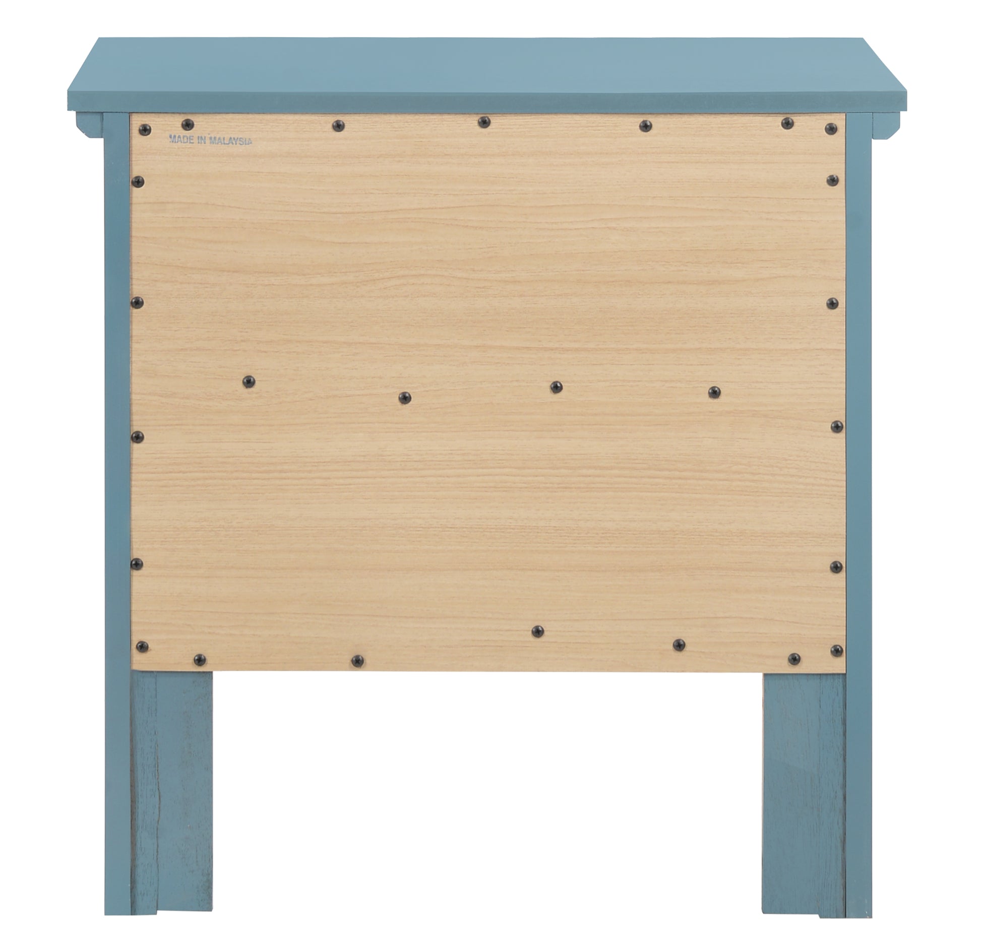 Blue wooden cabinet backing with visible screws and light wood panel