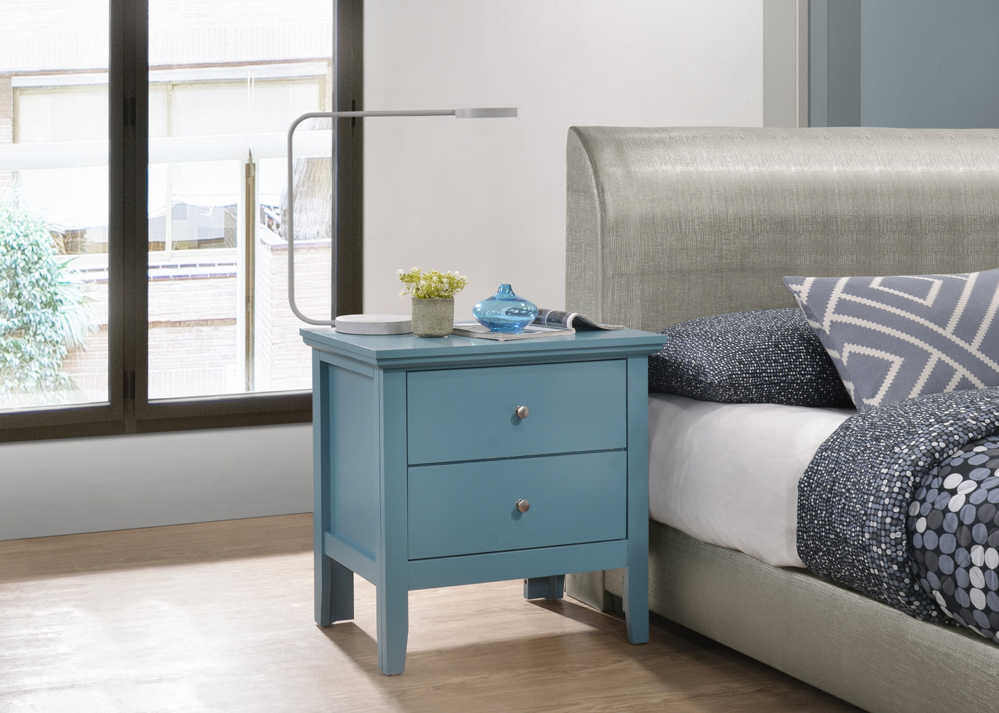 Coastal blue wood nightstand with two drawers and silver knobs perfect for bedroom storage