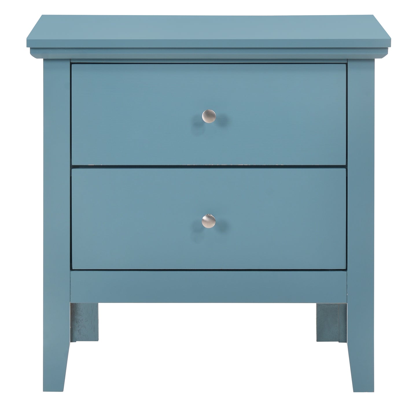 Blue twodrawer wooden nightstand with silver knobs