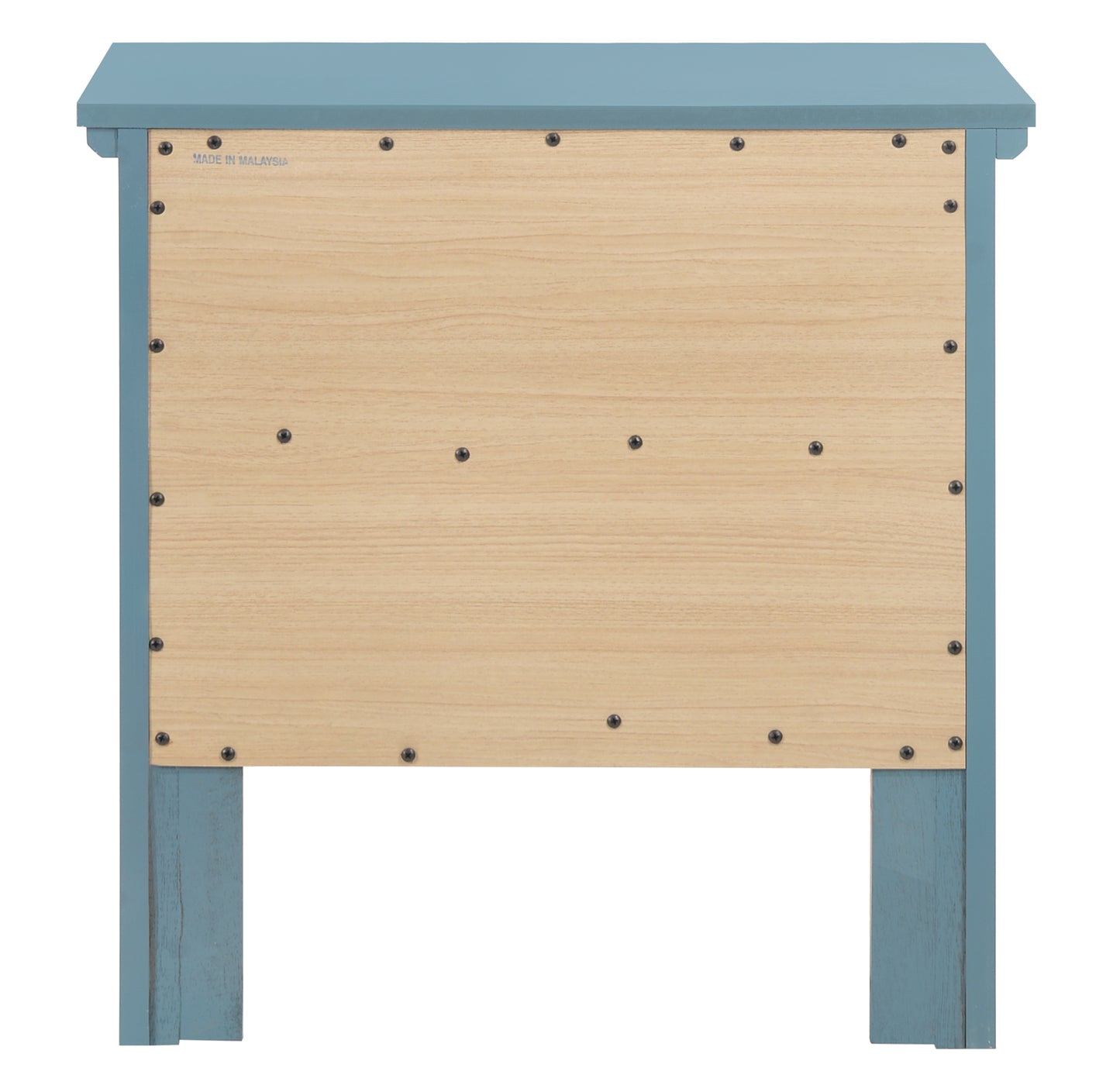 Blue wooden bedside table back panel featuring natural wood grain insert and visible screws