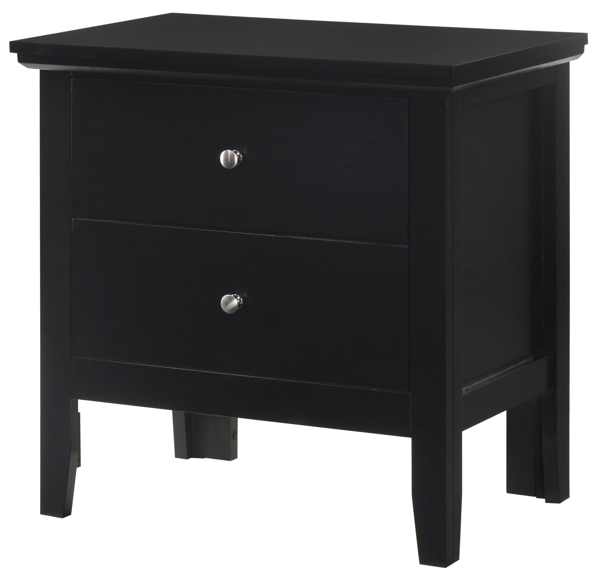 Sleek black twodrawer nightstand with brushed nickel knobs
