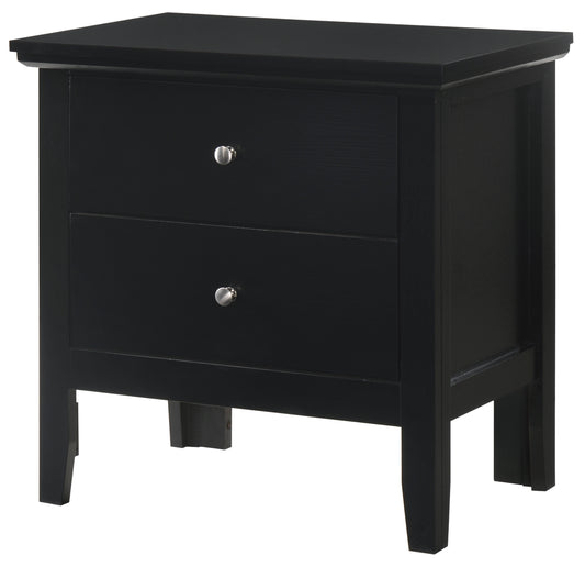 Sleek black twodrawer nightstand with brushed nickel knobs