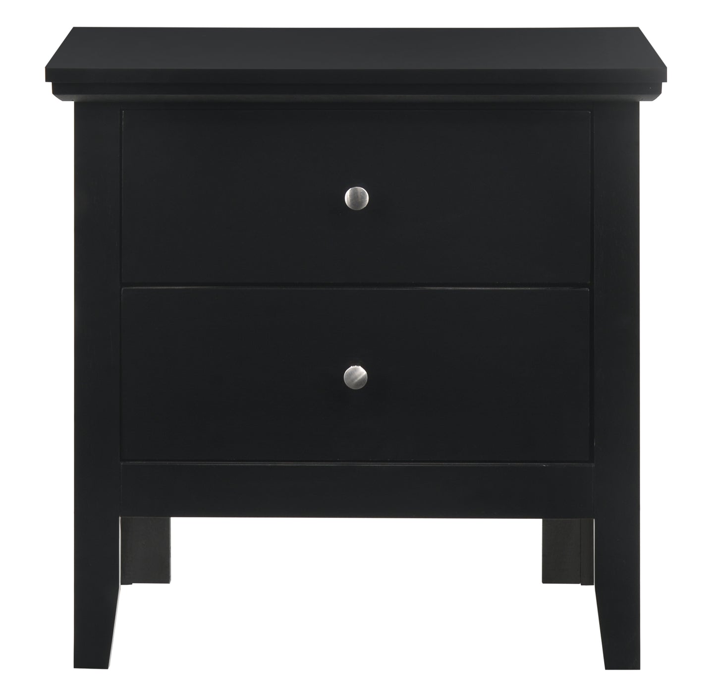 Modern black nightstand with two drawers and silver knobs ideal for bedroom storage