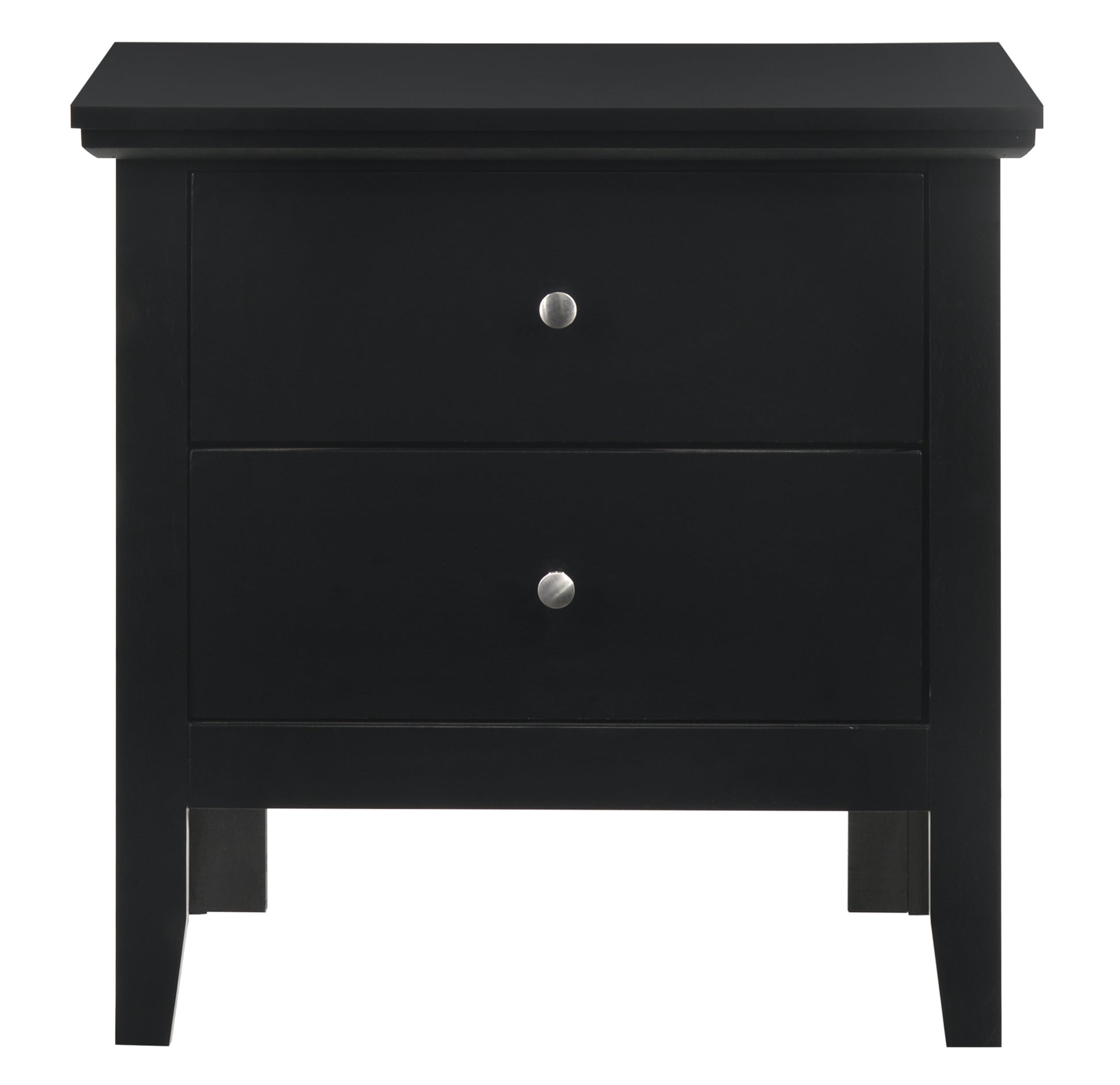 Modern black nightstand with two drawers and silver knobs ideal for bedroom storage