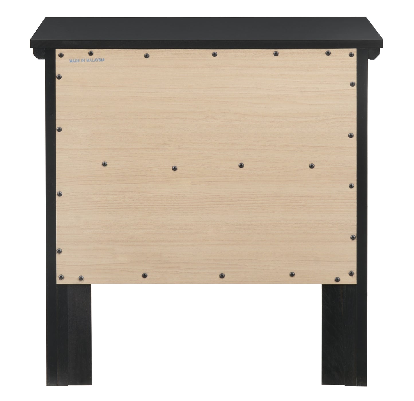 Black and light wood panel side of a chest of drawers