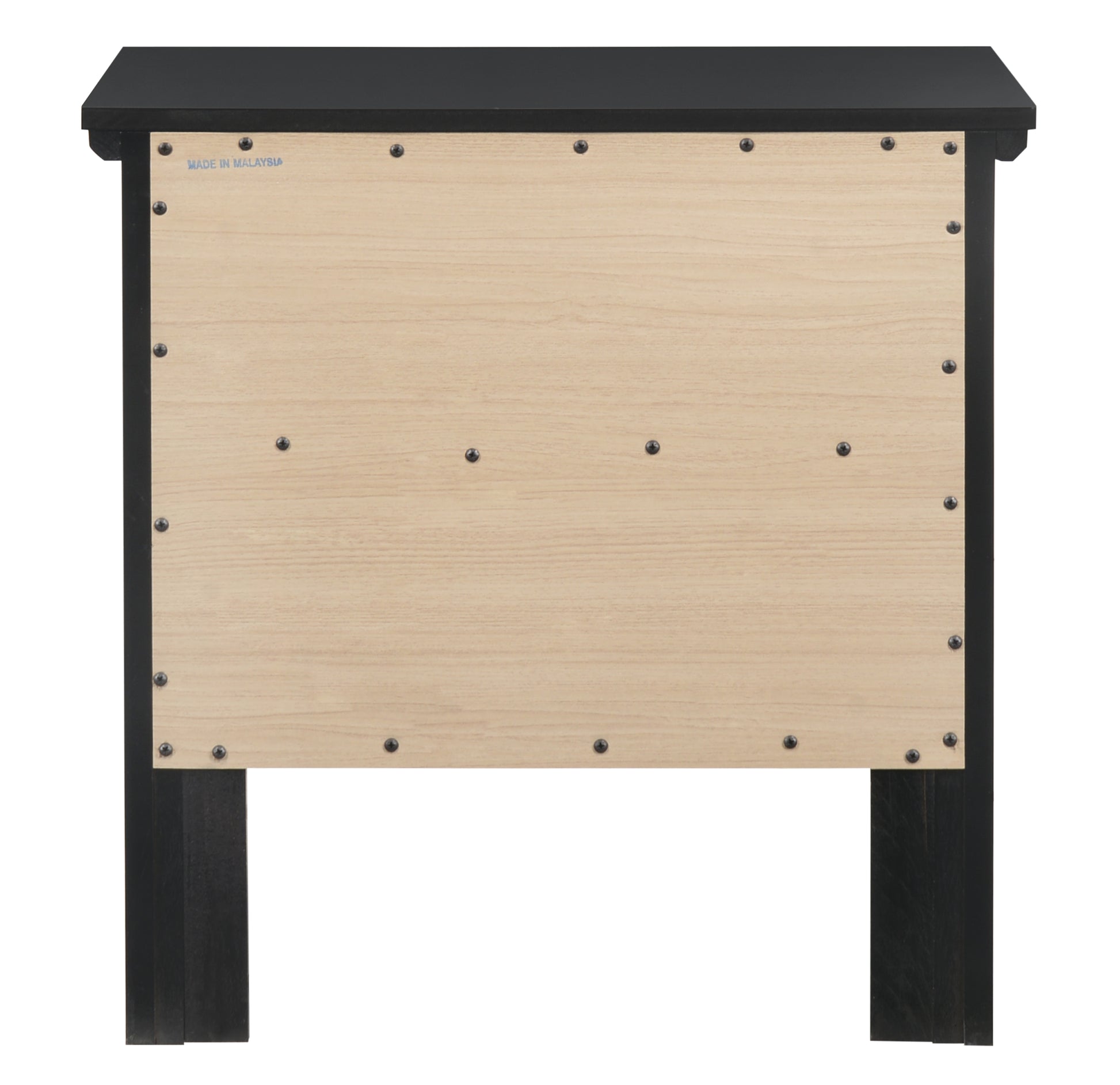 Black and light wood panel side of a chest of drawers