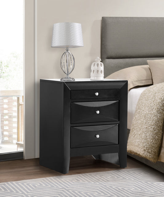 Sleek black threedrawer nightstand with silver crystal knobs perfect for modern bedrooms