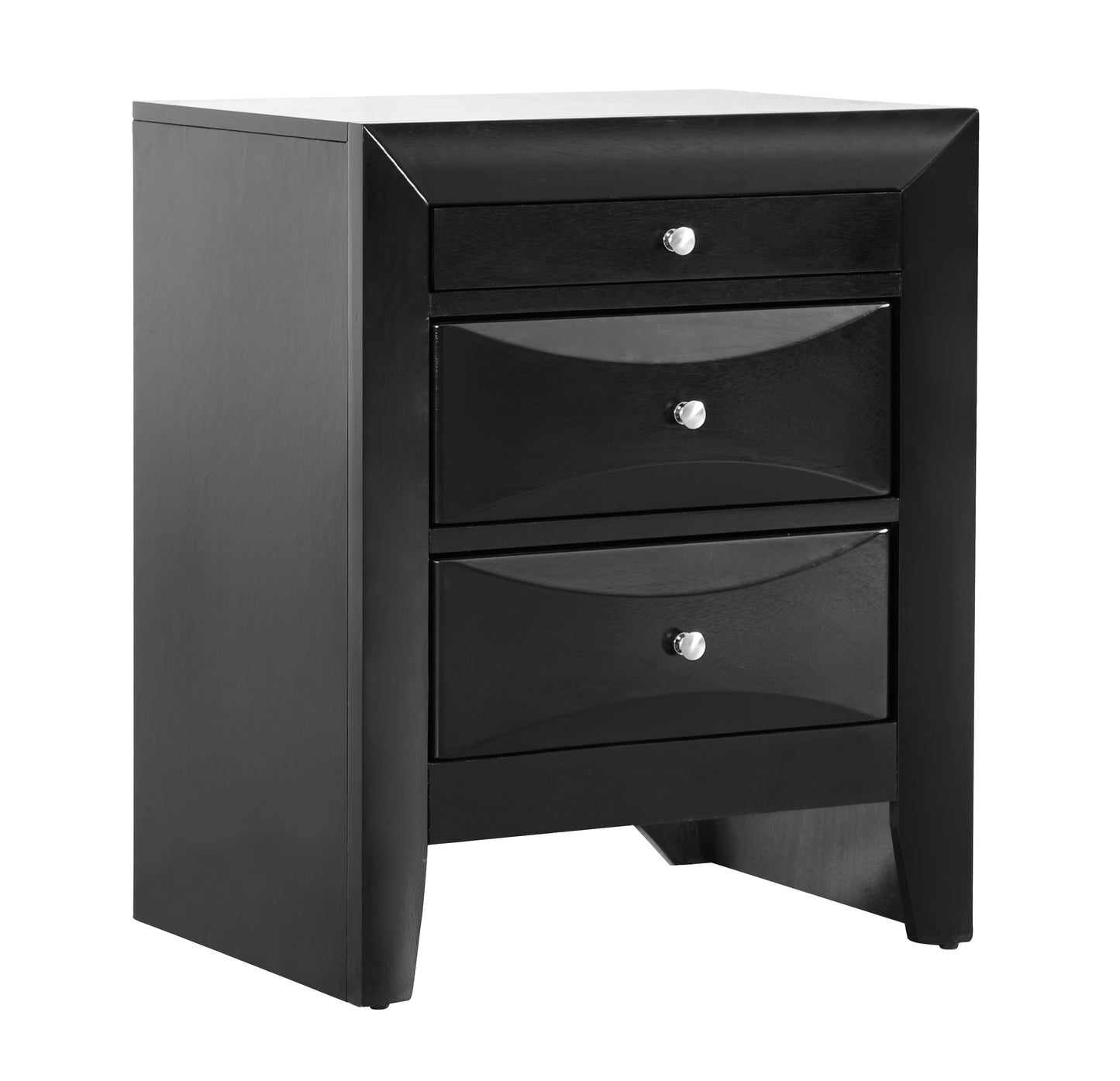 Black wooden nightstand with three drawers featuring curved drawer fronts and silver knobs for bedroom storage