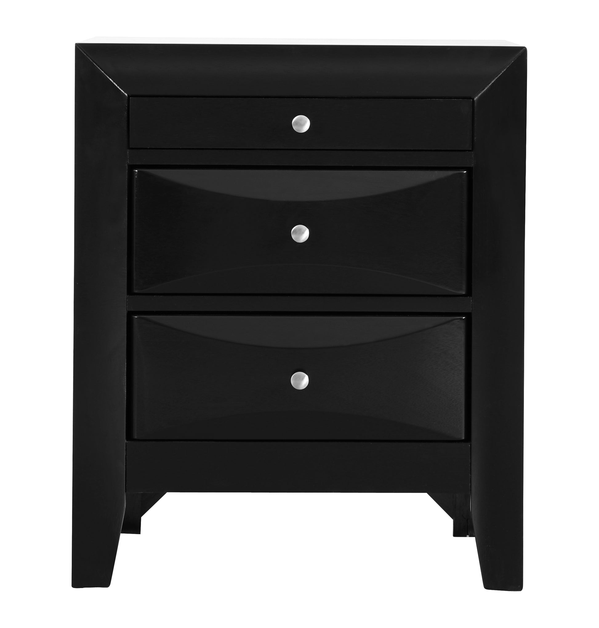 Sleek black nightstand with three drawers and silver knobs for bedroom storage