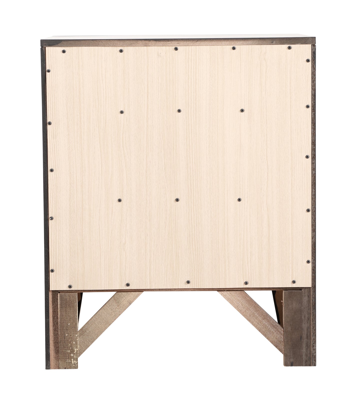 Rear view of a light wood cabinet panel secured with dark screws