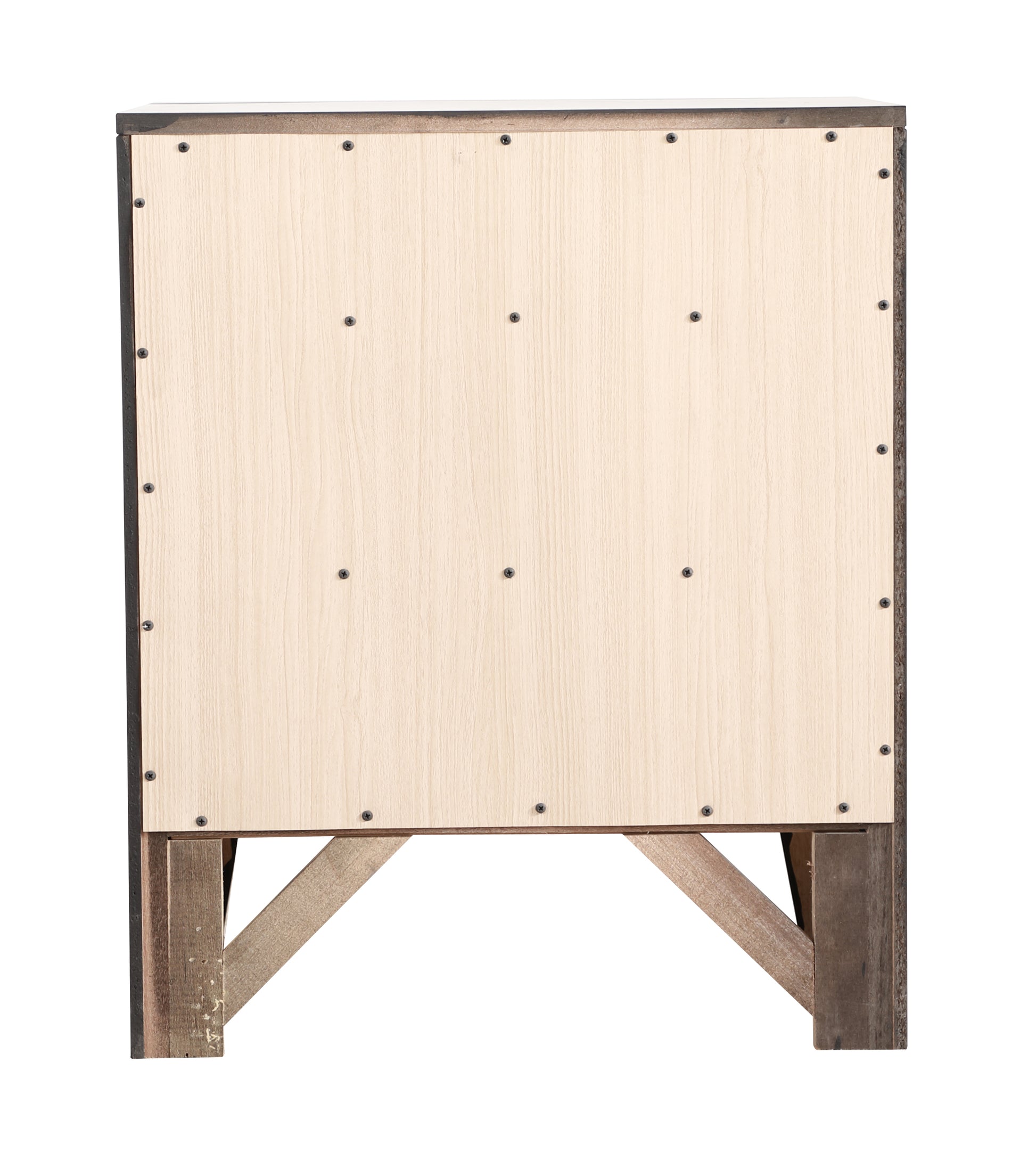 Rear view of a light wood cabinet panel secured with dark screws