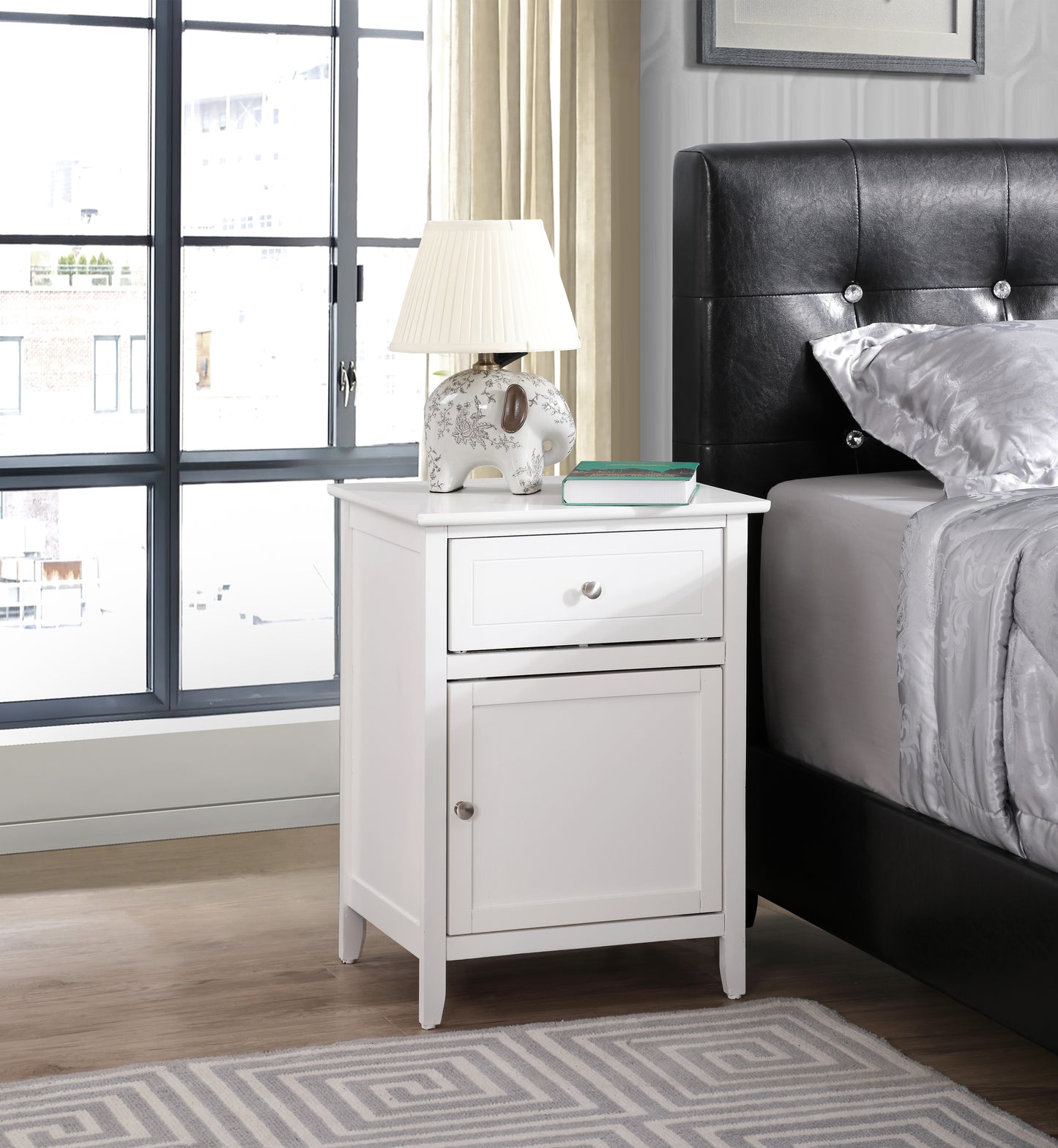 White bedside table with drawer and cabinet for bedroom storage
