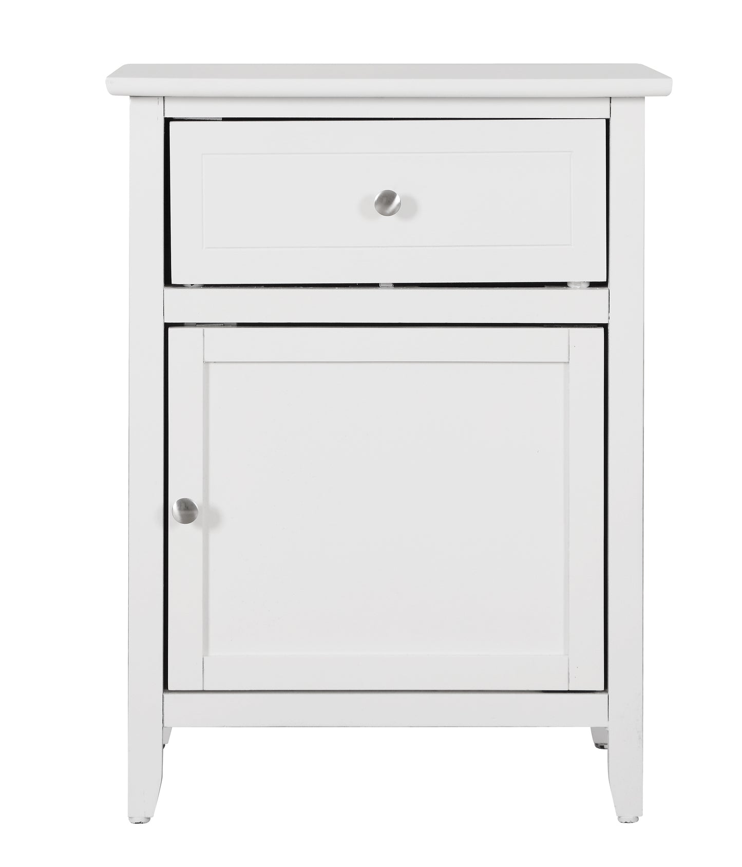 White bedside table with one drawer and a cabinet door