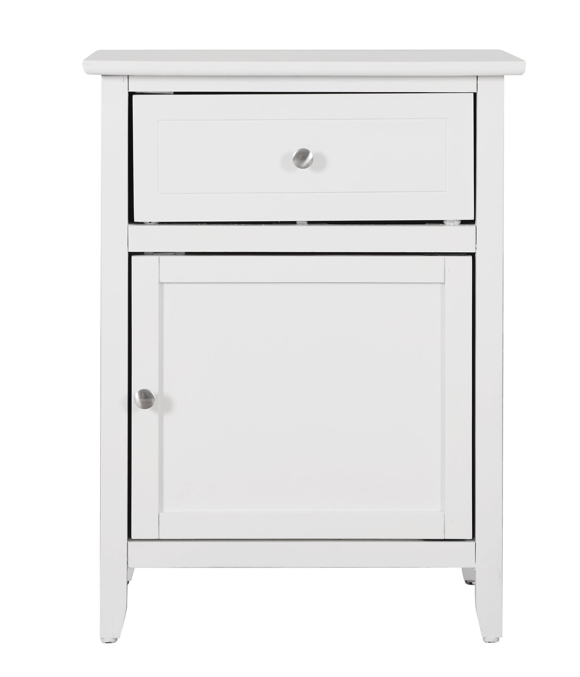 White bedside table with one drawer and a cabinet door