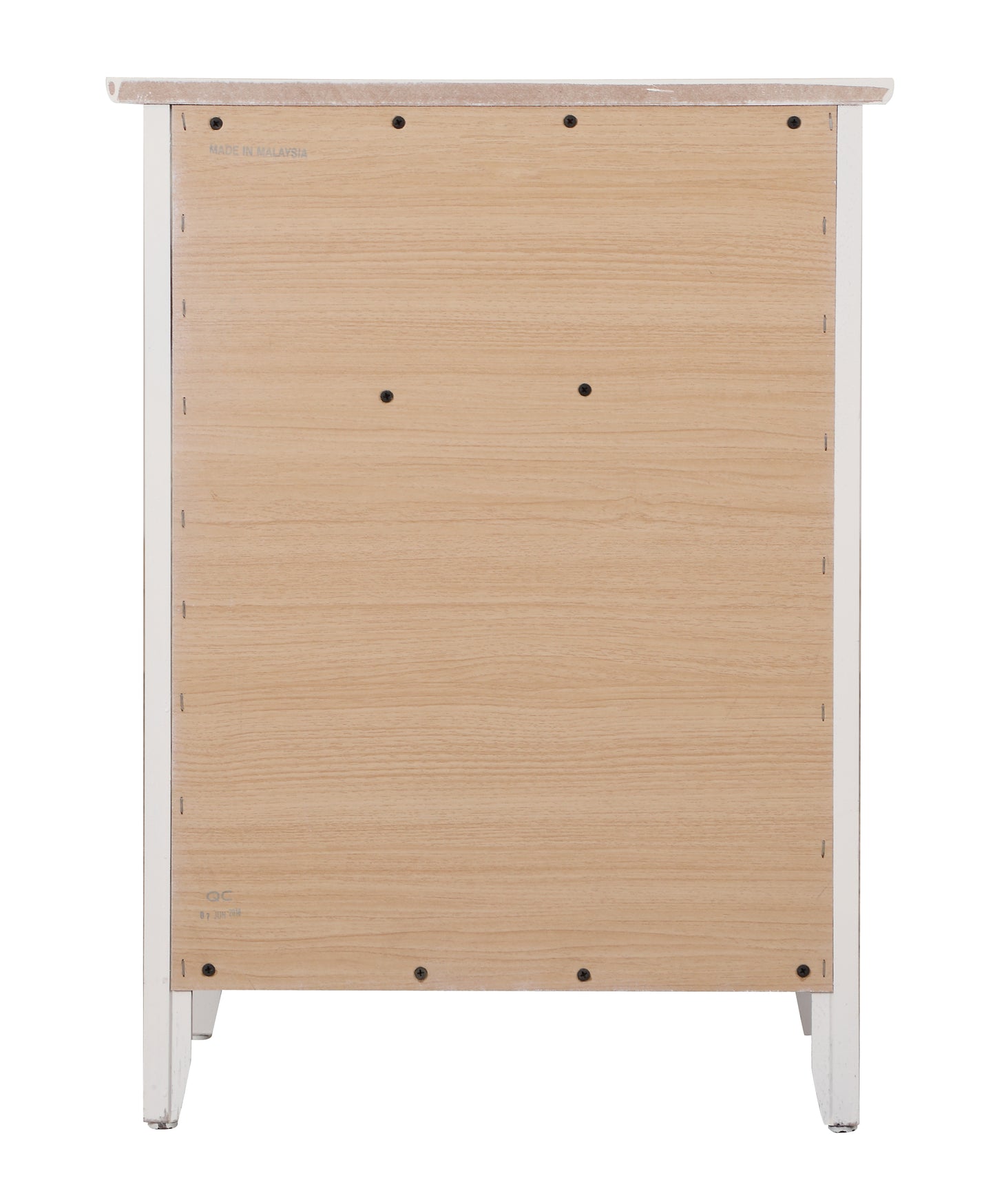 Back view of a white and wood finish nightstand showcasing its construction details