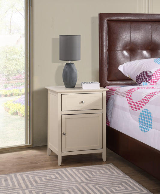 Cream wood nightstand with one drawer and cabinet next to a bed