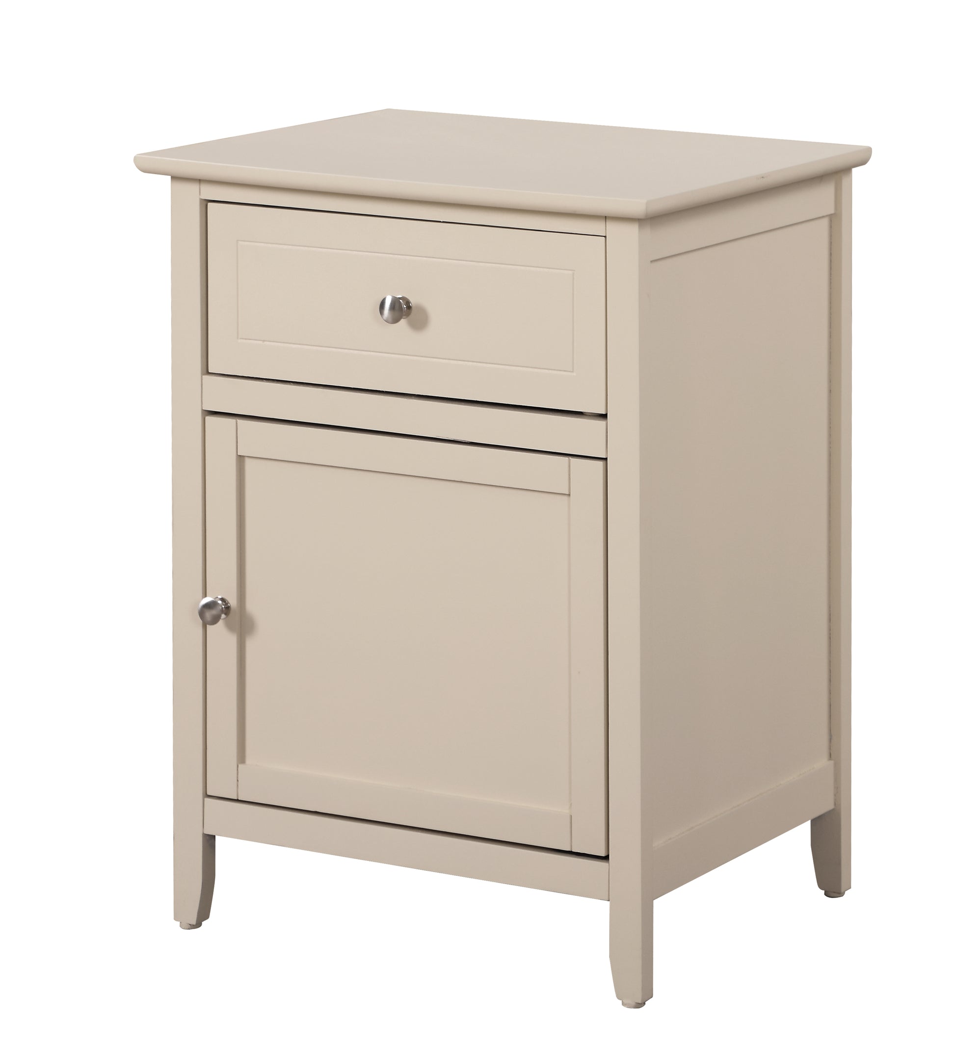 Light beige bedside table with one drawer and a cabinet door featuring silver knobs