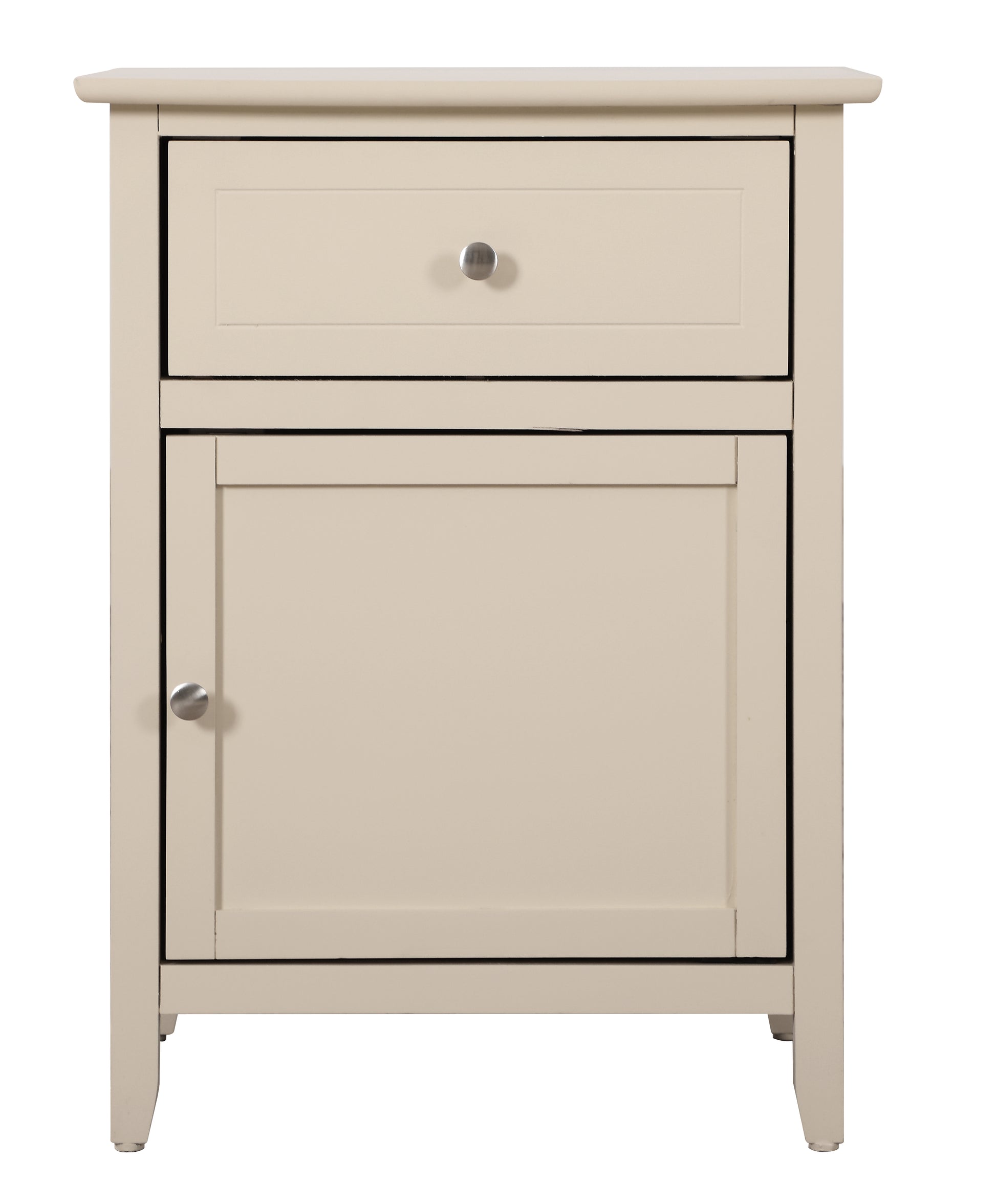 Beige wooden nightstand with one drawer and one cabinet door for bedroom storage