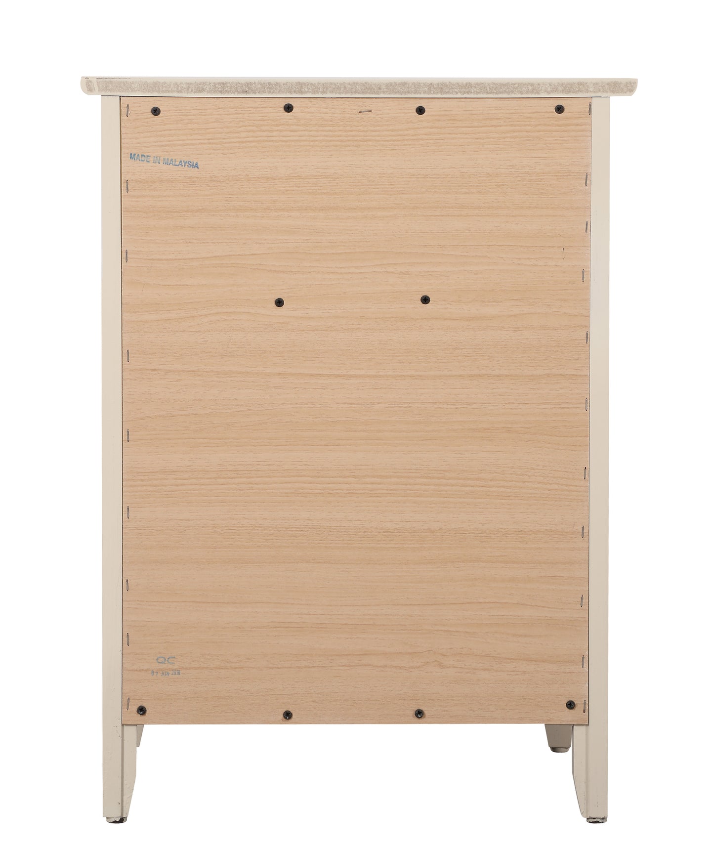 Rear view of a creamcolored nightstand with a light wood panel back featuring Made in Malaysia stamp
