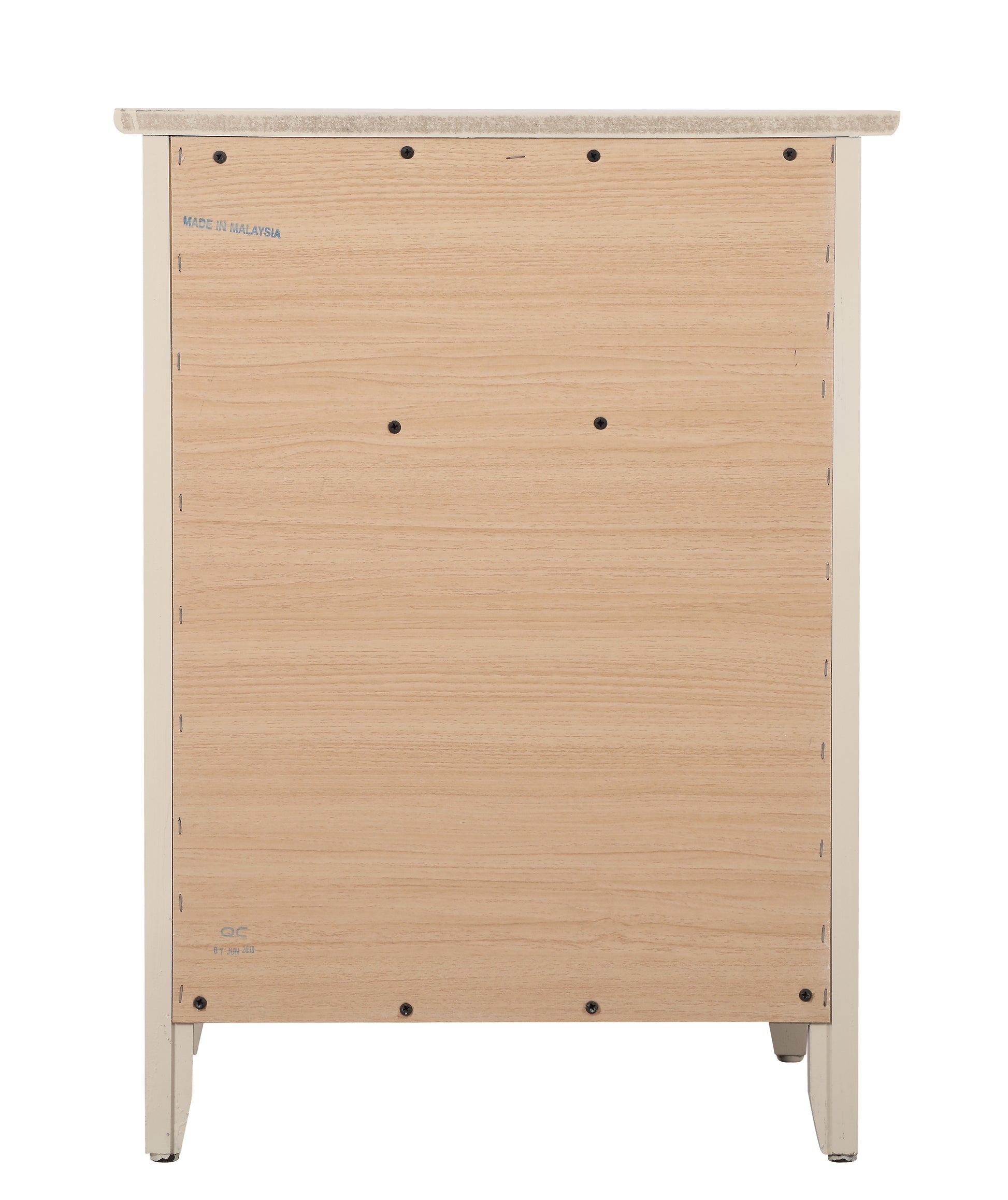 Rear view of a creamcolored nightstand with a light wood panel back featuring Made in Malaysia stamp