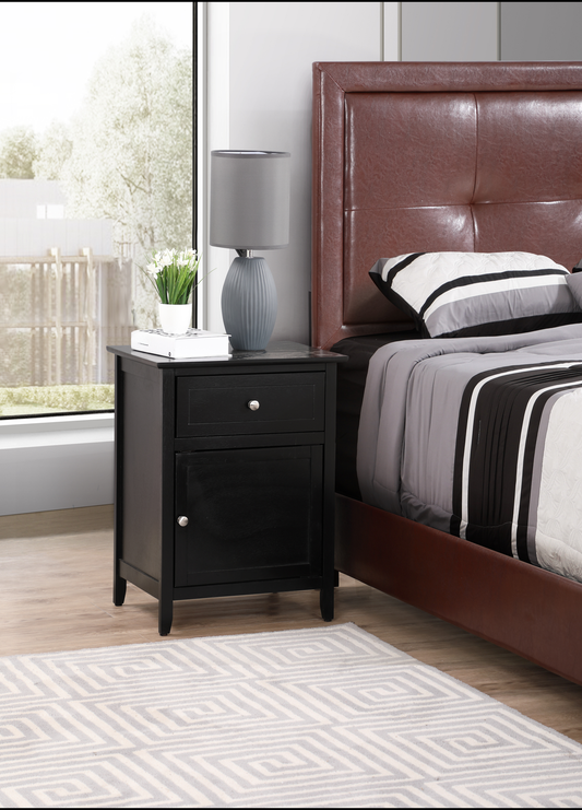 Black wood nightstand with one drawer and one cabinet door ideal for bedroom storage