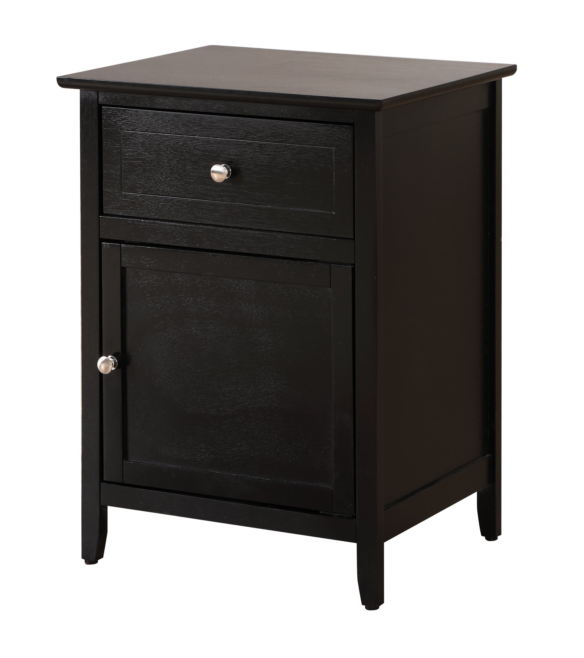 Black wooden nightstand with one drawer and a cabinet door